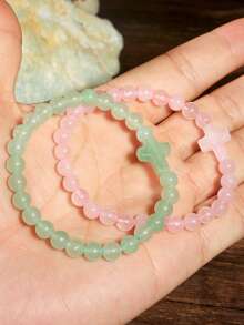 Natural Stone Cross Bracelet, Vintage 6mm Bead Quartz & Green Agate Beaded Bracelet, Energy Balancing Natural Stone Couple Bracelet - Multicolor - View 4