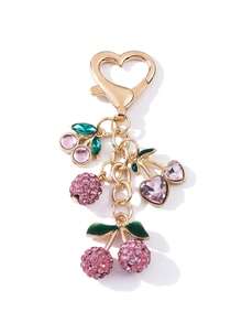1个韩式水钻樱桃合金心形钥匙扣，高端水果樱桃珍珠DIY配饰包包挂饰汽车钥匙链 - 彩色 - 查看 9