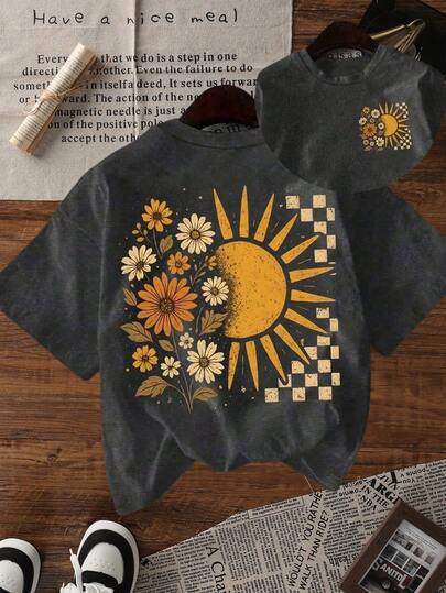 1件装少女花卉阳光印花短袖T恤，学生青少年服装，充满正能量的阳光夏日儿童上衣