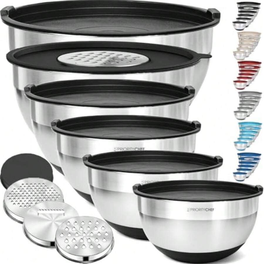 6Pc Large Mixing Bowls With Lids Set with Non-Slip Bases Stainless Steel Mixing Bowl Set 6 Airtight Lids and 3 Graters Black - Negro - Ver 1