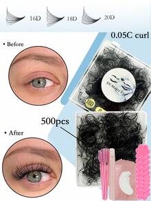 500 sợi/hộp, 16D-18D-20D, độ dày 0.05mm, 8-15mm / Độ dài hỗn hợp, độ cong C/D, nối mi, mi giả, kèm 10 miếng đệm mắt, 10 cọ chải mi, 10 que chỉnh mi, 10 cốc keo, mi dưới, mi nối tự nhiên cho người mới bắt đầu, dễ sử dụng, nhiều độ dài, mi chất lượng cao dùng tại salon và tại nhà. - Xem 2