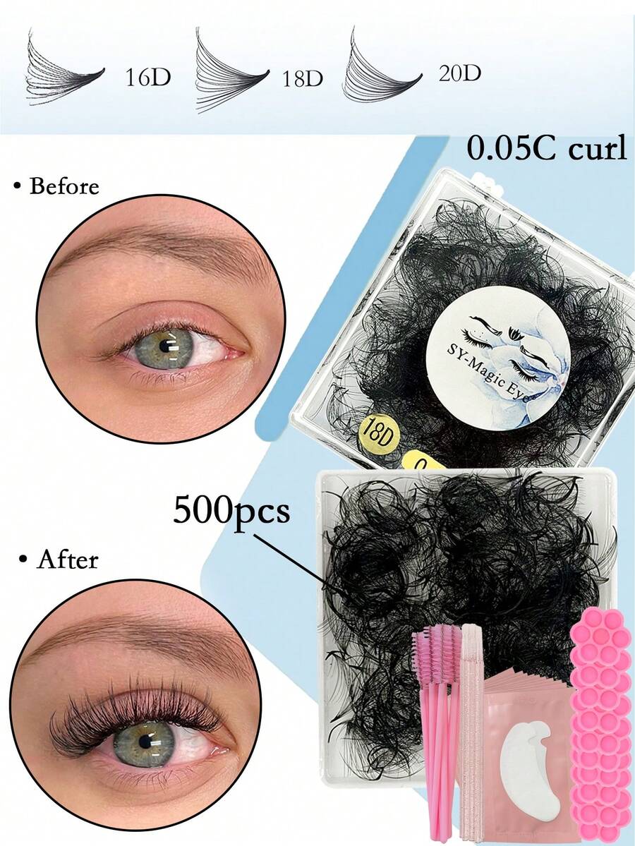 500 sợi/hộp, 16D-18D-20D, độ dày 0.05mm, 8-15mm / Độ dài hỗn hợp, độ cong C/D, nối mi, mi giả, kèm 10 miếng đệm mắt, 10 cọ chải mi, 10 que chỉnh mi, 10 cốc keo, mi dưới, mi nối tự nhiên cho người mới bắt đầu, dễ sử dụng, nhiều độ dài, mi chất lượng cao dùng tại salon và tại nhà.