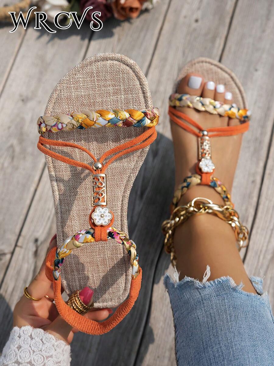 Orange Wide Width Woven Beaded Flat Sandals, Suitable For Summer, Party, Beach, Bohemian Vacation - Orange - View 1