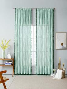 1片绿色叶子透明窗帘，波西米亚绿色流苏花卉印花乡村风格卧室窗帘 - 薄荷綠 - 查看 5