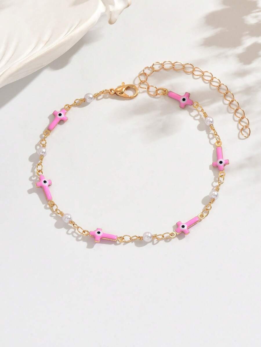 1条时尚简约十字架仿珍珠手链，适合女性日常佩戴和作为礼物 - 彩色 - 查看 1