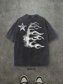 Men's Oversized Washed Graphic T-Shirt Hell Flame Star Silver Print Vintage Streetwear Teesummer Outfits For Womengraphic Tees - Black 2 - 查看 10