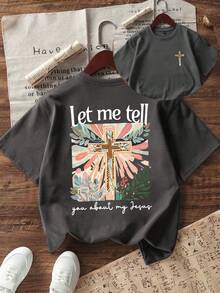 Graphic Tee For Preteen Girls "Let Me Tell You About My Jesus", Made Of Soft And Comfortable Fabric, Suitable For Outdoor Sports, Casual Wear, Street Style, Campus Style, Top - 深灰色 - 查看 5