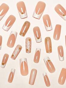24pcs/Set Y2K White Tie Dye Chic & Press-On Nails, Adorned With Sweet Pink Leopard Print, French Manicure, 3D Pearl Wavy Decor, Suitable For Daily Wear, Parties And Celebrations - Multicolor - View 3