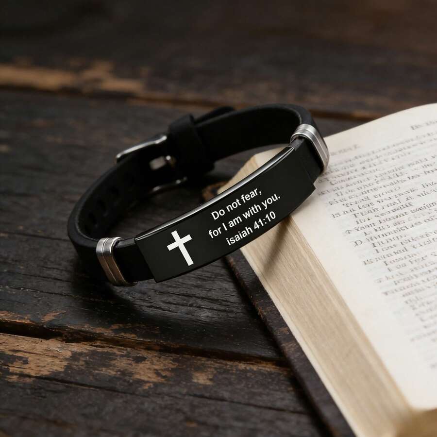 可调节硅胶十字架手链，不锈钢镀银“不要害怕”经文手链，不锈钢硅胶表带，一份为需要希望的男士和女士准备的礼物 - 黑色 - 查看 1