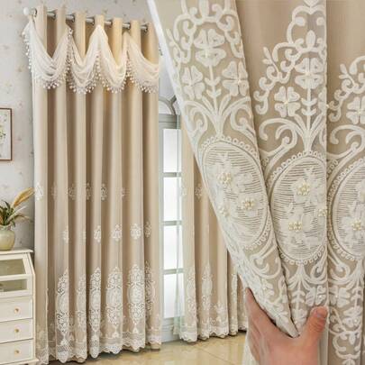 1 chiếc rèm thêu hạt cườm kiểu Châu Âu, hai lớp, vừa mỏng vừa cản sáng, thích hợp cho phòng khách và phòng ngủ, có chức năng cản sáng trang trí, chống bụi và cách nhiệt, có thể dùng để trang trí đám cưới.