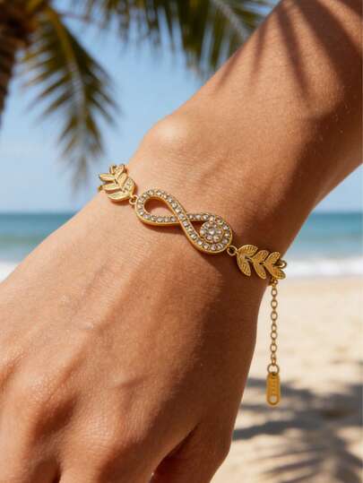 18K Gold Plated Crystal Infinity & Laurel Leaf Bracelet, Bohemian Style Gold Summer Beach Vacation Stainless Steel Delicate Adjustable Chain Bracelet For Women
