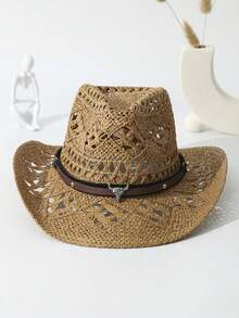 1pc Unisex Cattle Head Decor Cowboy Hat Hollow Out Printed Cowgirl Hat Wide Brim Handmade Casual Sun Hat Spring Summer Travel Shade Beach Hat Straw Hat - 駝色 - 查看 5