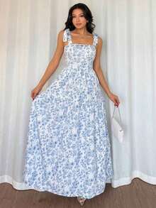 asdBreezaya Vestido elegante francés con corpiño fruncido y falda acampanada, estampado floral azul, sin mangas, nueva llegada de veranoasd ZK1Q - Azul y blanco - Ver 5
