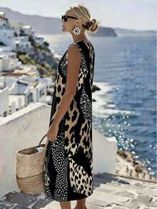 Summer Casual Sleeveless Leopard Print Patchwork Vacation Dress Elegant Black - Black - View 2