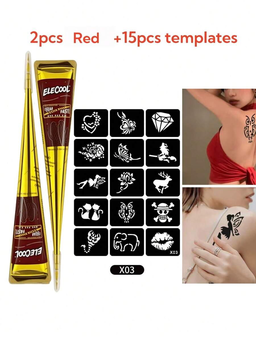 Colorful Henna Tattoo Kit - High Quality Multi-Color Henna Tattoos, 15 Reusable Random Templates | Pre-Mixed Natural Henna Dye For Temporary Body Art | Waterproof & Smudge-Proof, Long-Lasting | DIY Set For Beginners, Suitable For Parties, Festivals, Halloween, Weddings And Henna Nights,Sketch Style - Multicolor - View 1