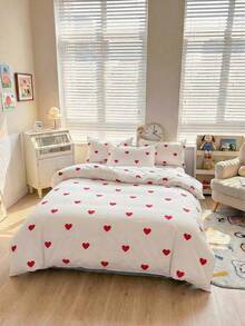 Cotton Blend Duvet Cover Set – Heart Pattern Bedding Set, Soft & Breathable With Red Hearts – Made In Turkey - White - View 4
