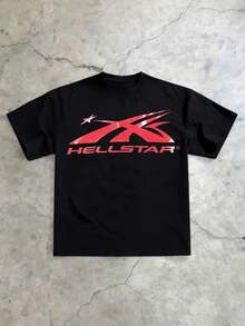 Hellstars Red X Logo Vintage Graphic T-Shirt,220g 100% Cotton,Round Neck Short Sleeve,Black Streetwear Essential For Summer Going Out,Unisex Style - Black - View 1