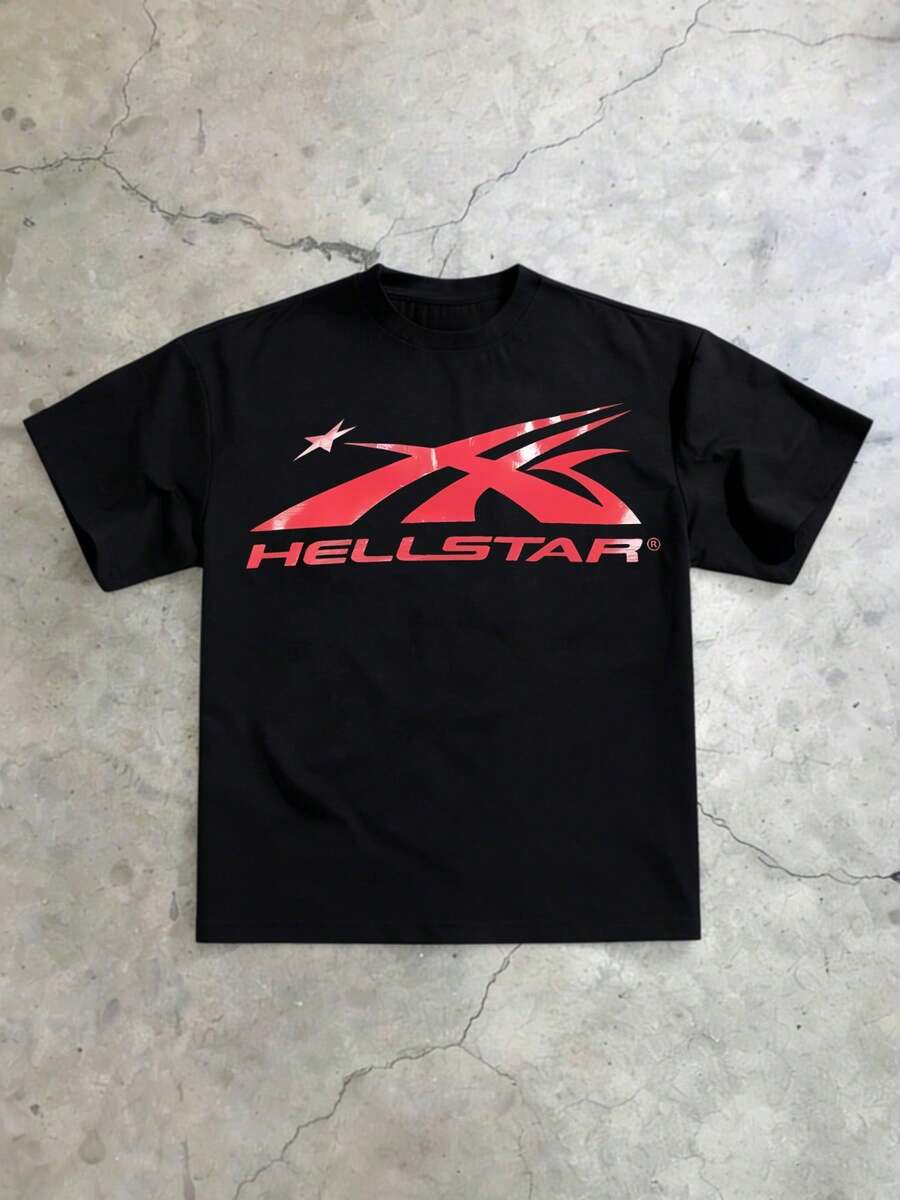 Hellstars Red X Logo Vintage Graphic T-Shirt,220g 100% Cotton,Round Neck Short Sleeve,Black Streetwear Essential For Summer Going Out,Unisex Style - Black - View 1