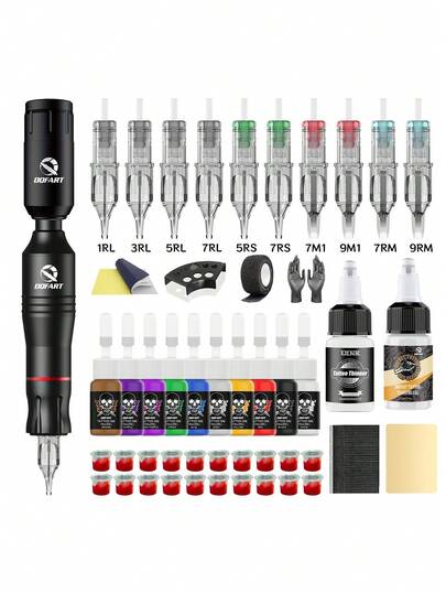 DQFART Kit de máquina de tatuaje inalámbrica, incluye batería de tatuaje de 1200mAh, pantalla digital, set de pluma de tatuaje, adecuado para principiantes y artistas de tatuajes, incluye 10 agujas de tatuaje, 10 tintas de tatuaje, gel de transferencia de tatuaje, diluyente de tinta de tatuaje, varios suministros y accesorios de tatuaje, excelente rendimiento, adecuado para Halloween, Navidad y otras ocasiones.
