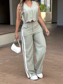 Women's New Elegant Casual Commuter Style Button Striped Summer Top And Pants 2 Pieces Set - Green - View 1
