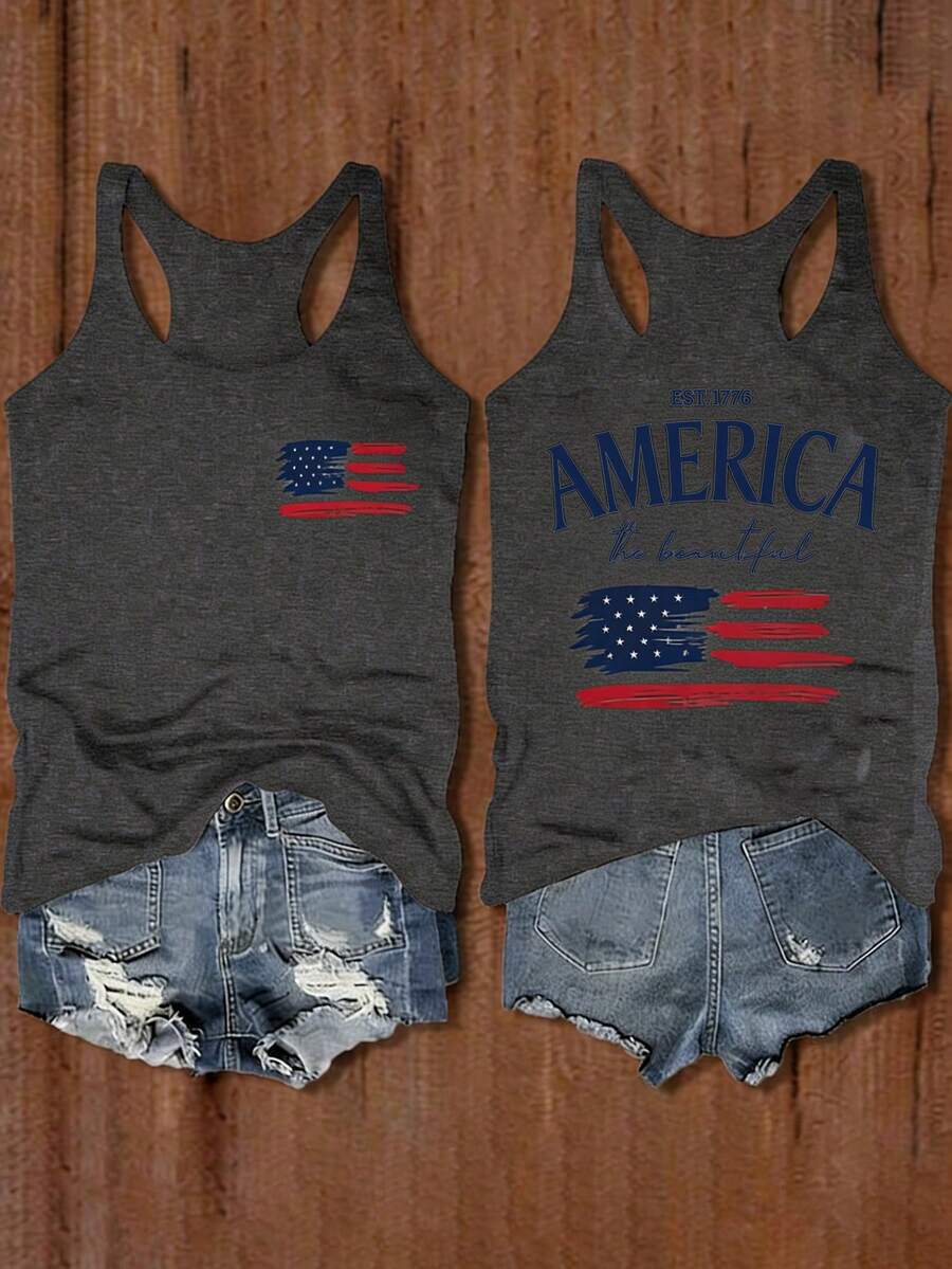 Jiacheng Z Women's 4th Of July Independent Day US Flag Print Casual Tank Top Summer,Usa Top,4th Of July ClothesPlus Size Women Sleeveless Spring Tops Loose Comfy Vacation OutfitsVacation Graphic Loose Fit Sleeveless Vest Casual Summer Beach Streetwear Top. - 深灰色 - 查看 1