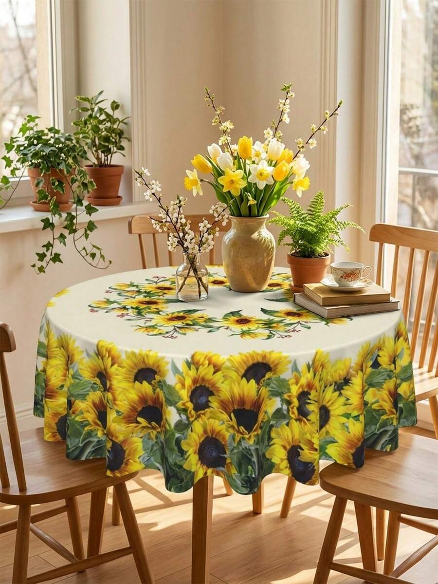 Sunflower Retro Flower Round Tablecloth - Dyed Waterproof Polyester Fiber, Perfect For Mother's Day, Wedding Dining, Parties, Spring And Summer Picnics, And Indoor/Outdoor Home Decoration. - Multicolor - View 1