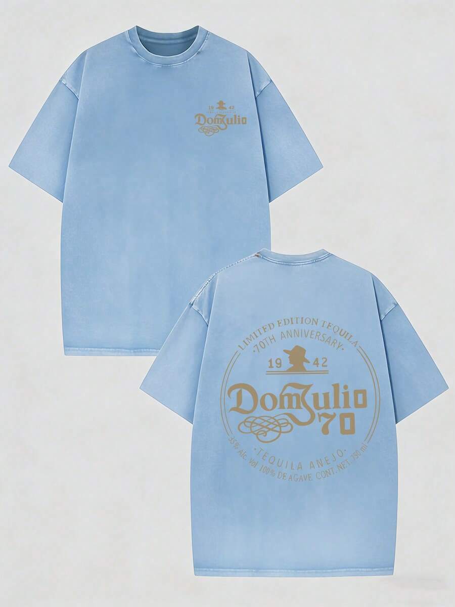 230G Washed Pure Cotton T-Shirt, Men'S Casual Fashion, With 'Dom Julio 70th Anniversary' Print, Outdoor Sports T-Shirt Loose Fit Soft Knitted T-Shirt - 淺藍色 - 查看 1