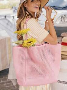 peach tree Bolso de malla plegable, bolso de mano casual para mujer, bolso de hombro plegable para picnic, impermeable, bolso de compras multifuncional de hombro, bolso de malla hueco, bolso de almacenamiento de baño, bolso de playa de malla grande y ligero, adecuado para viajes familiares, vacaciones, playa, camping y senderismo, bolso de vacaciones de verano - Rosa - Ver 10