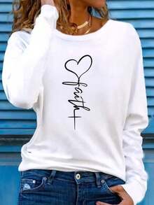 1pcLadies Long Sleeve Loose Crew Neck Top, Elegant Solid Color Polyester Knit T-Shirt, Autumn And Winter Fashion, Love Design Suitable For Women Casual White SpringY2K, Soft And Skin-Friendly, The Best Gift,Skin-Friendly And Comfortable, With A Unique Style - 白色 - 查看 1