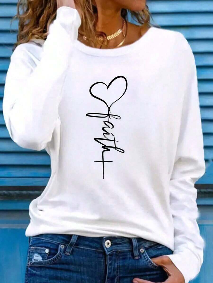 1pcLadies Long Sleeve Loose Crew Neck Top, Elegant Solid Color Polyester Knit T-Shirt, Autumn And Winter Fashion, Love Design Suitable For Women Casual White SpringY2K, Soft And Skin-Friendly, The Best Gift,Skin-Friendly And Comfortable, With A Unique Style - 白色 - 查看 1
