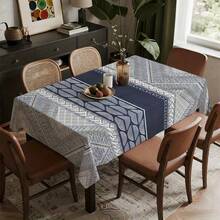 1pc Blue Beige White Grey Modern Geometric Tablecloth - Navy Blue Border & White Pattern Rectangular Table Cover, Wrinkle-Resistant Easy-Clean Fabric For Dining Table, Coffee Table, Outdoor Picnic, Camping, (Beige/Grey), 2D Flat - Nhiều màu - Xem 5
