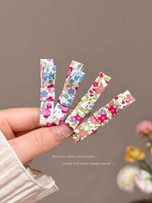 4pcs Floral Fabric Bow Hair Clips, Bangs Hairpins, Cute & Sweet Side Clips - Multicolor - View 2