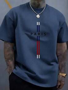 Men's Casual 100% Cotton Soft Crew Neck T-Shirt Daily Wear, High-Quality Plus-Size Pure Cotton Menswear,Mens Cotton T-Shirt, Paris Graphic Design, - 藏蓝色 - 查看 1