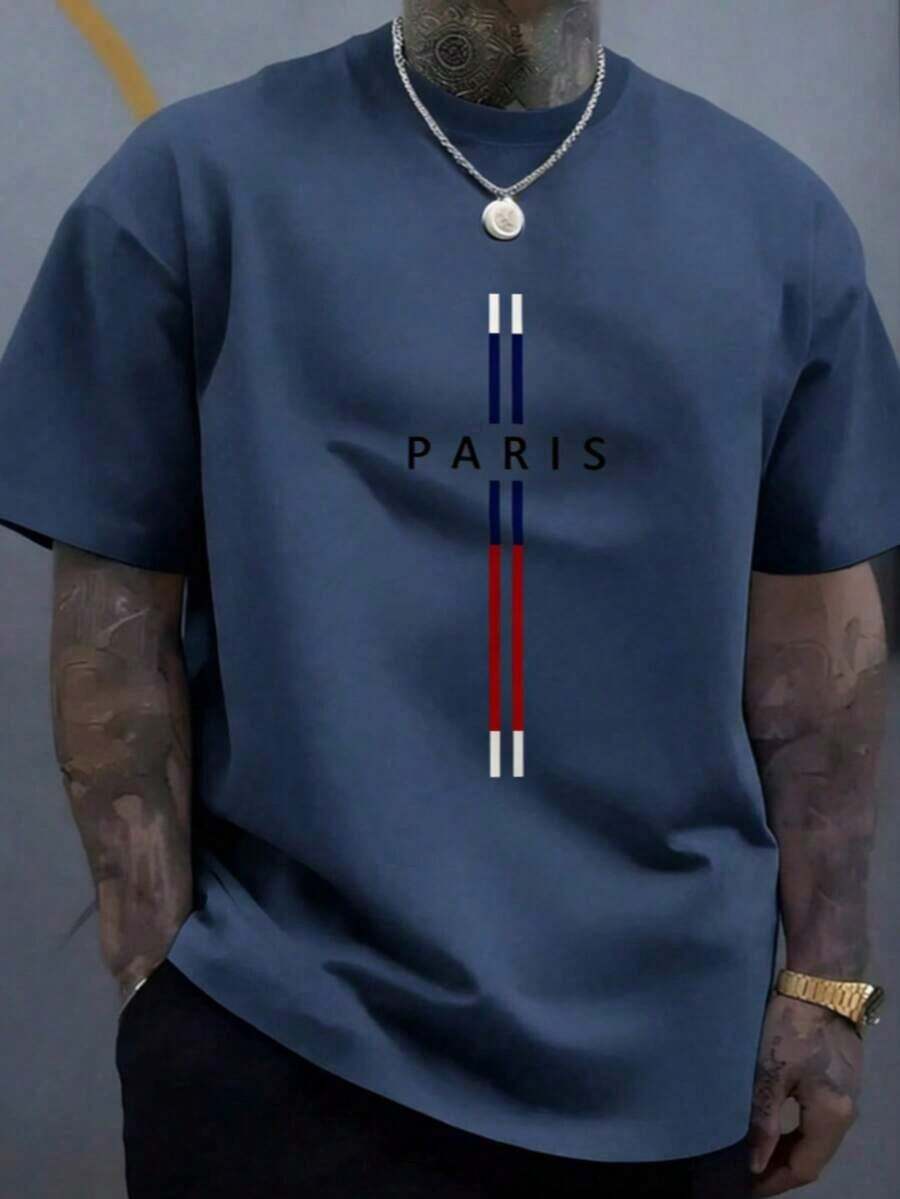 Men's Casual 100% Cotton Soft Crew Neck T-Shirt Daily Wear, High-Quality Plus-Size Pure Cotton Menswear,Mens Cotton T-Shirt, Paris Graphic Design, - 藏蓝色 - 查看 1