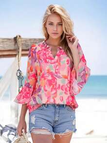 CheersLife 女士时尚双层网纱衬衫，七分荷叶边喇叭袖衬衫，度假春季款 - 西瓜粉 - 查看 3