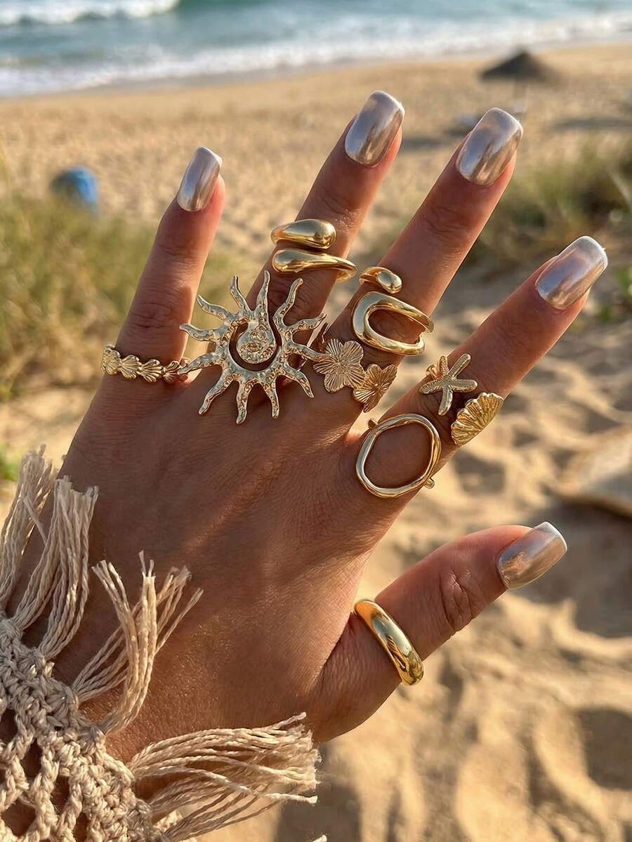 Set 8 Buah Cincin Bohemian Berlapis Emas, Motif Bunga Matahari, Kerang, Bintang Laut, Cincin Tumpuk Vintage, Perhiasan Personalisasi yang Unik, Aksesori Jari Estetika Y2K, Cocok Sebagai Hadiah Liburan untuk Pacar atau Sahabat - Emas - View 1