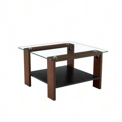 Modern Coffee Table With Storage, Tempered Glass Top And Walnut Legs, 65 X 41 X 45.5 Cm, Contemporary Living Room Table Ideal For Home Office, Apartments And Small Spaces.