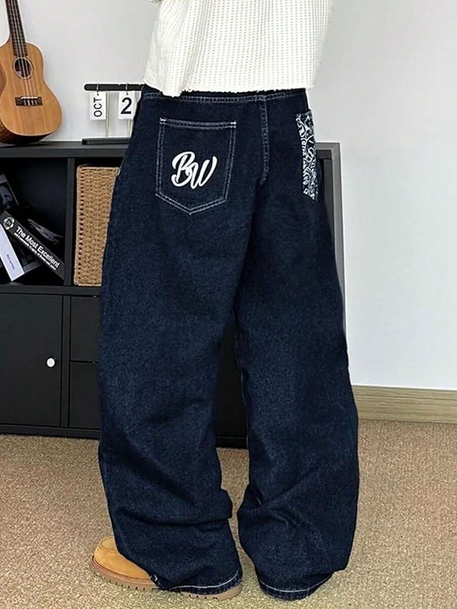 Jeans holgados y sueltos con bordado en inglés en el bolsillo trasero para adolescentes y jóvenes - Azul - Ver 1