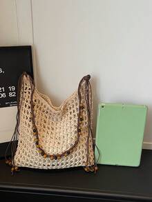 1 chiếc túi tote dệt thủ công bằng cotton, thoáng khí, có móc len, đính hạt cườm và tua rua, kiểu dáng Bohemian, có lớp lót vải, tạo cảm giác thoải mái, phù hợp đi làm hàng ngày, phong cách nghệ thuật trẻ trung, đi biển, dã ngoại. - Màu be - Xem 12