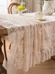 1pc Solid Color French Style Peony Ruffled Tablecloth, French Luxury Lightweight Lace With Ruffle Decor, Suitable For Dining Room, Coffee Table, Living Room, Bedroom, Kitchen, Party, Picnic, Wedding - Beige - View 6