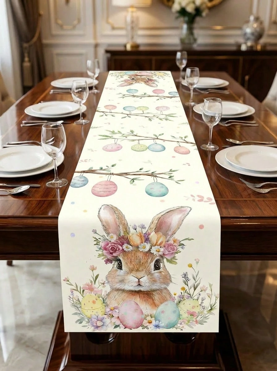 Cirelle 1 pieza Camino de mesa de Pascua de primavera con diseño de conejo, huevos y corona, mantel de mesa con decoración estacional de primavera para cocina y comedor, decoración para fiesta festiva al aire libre, decoración del hogar de Pascua con estilo rústico, regalo, 13x70 pulgadas