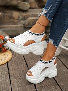 Damen Offene Zehen Gewebte Keilsandalen, Schnür-Absatz-Plateau-Sneaker mit atmungsaktivem Mesh, Keilabsatz mit dicker Sohle, bequeme Schuhe, lässiger Street-Style für den täglichen Sommertrag - Weiss - Übersicht 2