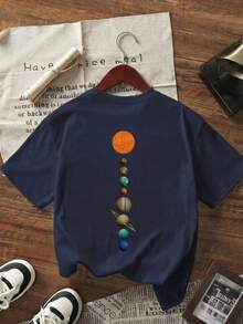 女款美式復古太陽系行星印花圓領短袖T恤，寬鬆休閒百搭上衣，適合夏季、日常活動、工作、辦公室與聚會 - 藏青 - 查看 3