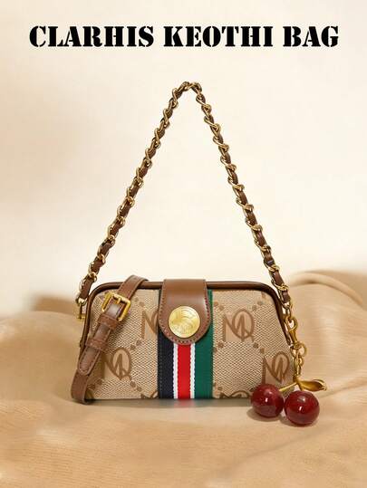 New Fashionable Women's Square Handbag With Pattern Printing And Striped Fabric Decoration, Chain Handle, Adjustable Long Shoulder Strap, Magnetic Buckle Opening And Closing Design. Suitable For Daily Shopping, Commuting, And Vacation.