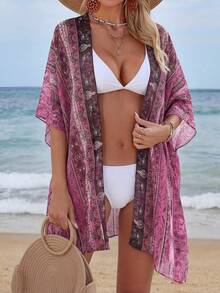 Summer Kimonos For Women Boho Floral Short Sleeve Flowy Cardigans Swimsuit Beach Cover Ups For Women - In hình hoa hồng màu hồng - Xem 1