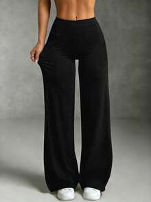 HUTENER Women's Casual Long Pants, Spring/Summer Sporty High-Waisted Flared Trousers, Women's Summer Clothing, Versatile Casual Pants Black - Black - View 6