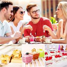 5/50/100/150pcs Transparent Plastic Dessert Cups With Spoons - Mini/Small Square Parfait Bowls, Suitable For Serving Desserts, Appetizers, Puddings, Cheesecakes At Parties - Transparent - View 9
