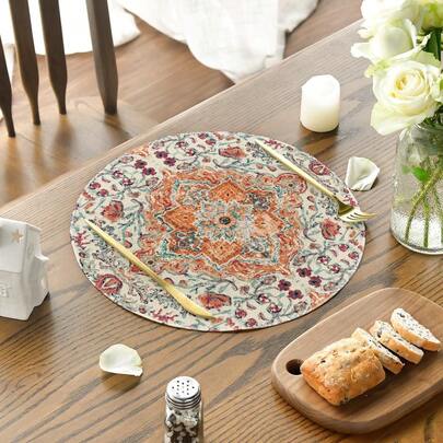 Bộ 2-4-6-8 tấm lót bàn tròn phong cách Bohemian. Họa tiết hoa màu cam và xanh lá cây theo mùa, thích hợp cho tiệc tùng, nhà bếp, trang trí phòng ăn, đường kính 14 inch.