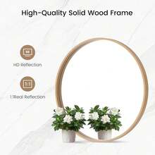 24 Inch Round Wood Mirror, Natural Circle Wall Mirror With Solid Wood Frame, Rustic Farmhouse Decor, Vanity Mirror For Bathroom, Entryway, Living Room, Easy To Hang, Distressed Finish - Naturlig - Visa 4