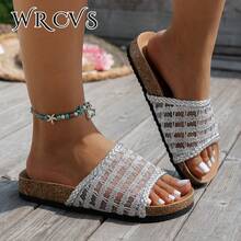 WRCVS Sandalias planas tejidas plateadas para mujer, chanclas de una tira hueca y transpirable, zapatos de playa con suela de corcho antideslizante, calzado de estilo bohemio para vacaciones - Plateado - Ver 4